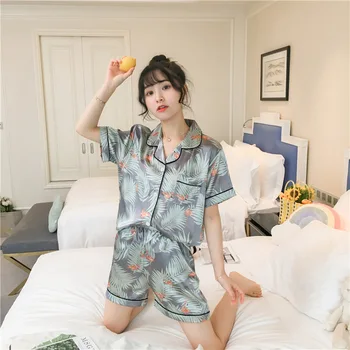 Nou stil de grăsime de gheață pijamale de mătase pentru femei de vara cu maneci scurte cardigan Rever două piese de uz casnic costum poate fi purtat în afara
