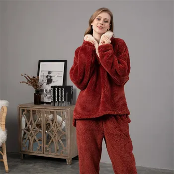 Supradimensionate de Iarna Set de Pijama Femei, Pijamale Flanel Gros de sex Feminin Casual Pierde Homewear Moda Cald Sleepwear 2 buc Acasă Costum