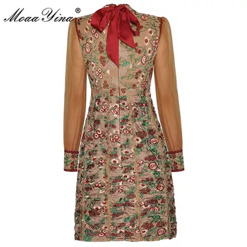 MoaaYina Designer de Moda rochie pentru Femei Rochie cu Maneci Lungi Ruched Plasă de Broderii Florale Pachetul fese de Înaltă Calitate Rochii