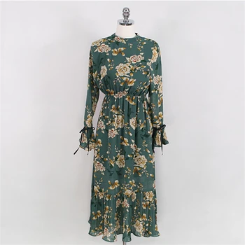 2021 Noi Femeile Rochii de Vara Casual Șifon Vintage Print Floral, Talie Mare Modă Trompeta Pagoda Maneca Lunga Rochie DR218