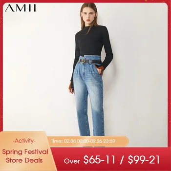 AMII Minimalism Toamna pentru Femei Blugi de Moda de Bumbac de Înaltă Talie Pantaloni Drepte Glezna-lungime de Cauzalitate Femei Blugi 12040713