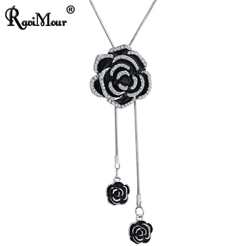 RAVIMOUR Flori de Trandafir Negru Colier Lung pentru Femei Declarație de Moda Coliere & Pandantive Argint de Culoare Lanț Cravată Bijuterii Noi