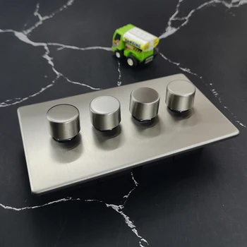 Wallpad Argint 4 Banda 2 căi cu 4 Butoane LED Dimmer Switch Satin Chrome Împinge Pe Pe Oțel Inoxidabil Panou de Metal Buton