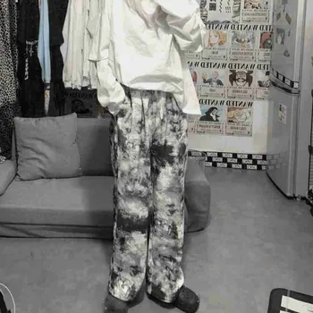 Pantaloni largi Picior Femei Ins Harajuku Tie-dye Simplu Cordon Adolescenti Streetwear Toate-meci la Modă Prietenul Epocă Femei Pantaloni