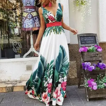 Femei de moda de Vară Florale fără Mâneci V gât Rochie Boho Casual, Maxi Lung Petrecere de Seara, de Plaja Rochie Sundress 2019 Noi
