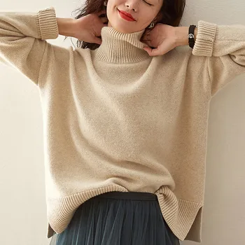 Pulover de cașmir toamna și iarna cu guler de moda pentru femei vrac exterior purta bază tricotate pulover gros