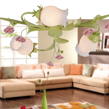 În stil European, grădină camera de zi Romantic Restaurante fier forjat alb roz flori ceramice abajur de sticla Plafon Lampă c125