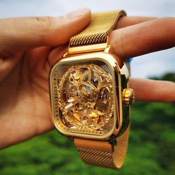 CÂȘTIGĂTORUL de Moda de Lux de Aur Ceas Skeleton Automatic Ceasuri Mecanice Pentru Bărbați Ultra Subțire Plasă Curea Bărbați Ceas часы мужски