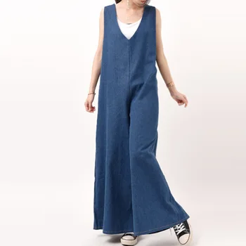 Japonia Casual De Vara Vrac Larg Picioarele Salopeta Salopetă Femei Albastră Fără Mâneci Supradimensionate Bowknot Drăguț Coreeană Doamnelor Lung Salopeta