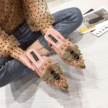 Femeile Plat Catâri Papuci de casă Subliniat Toe 2020 Moda Nit Pantofi de Vara pentru Femei Black/pink Pantofi de sex Feminin de Lux Jumătate Papuci