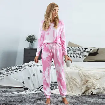 Femei Tie Dye Seturi de Pijama cu Maneca Lunga Topuri și Pantaloni Seturi de Body Două Bucăți Rotunde Gât Body Pijamale Pijamale