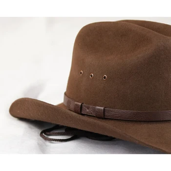 Mens Lână Simțit Outback de Vest Cowboy Hat, Fedora în aer liber Margine Largă Pălărie cu Curea, Culoare Negru / Maro