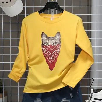 Casual Pentru Femei Tricou Maneca Lunga Stil Coreean Subțire De Bază Tricou Top Femei Haine Toamna Iarna T Shirt Femme Cat De Cowboy