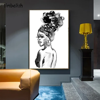 Înfrumusețează Negru Și Alb Acuarelă Frumusete de Femeie Africană Poza Perete Pentru Camera de zi Decor Acasă HD Panza Pictura Poster Mare