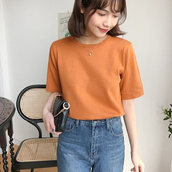 Colorfaith Noi 2020 Femei De Vara T-Shirt Solid Mai Multe Culori Bottom Casual Coreeană Stil Minimalist Moale Topuri Tricotate T6216