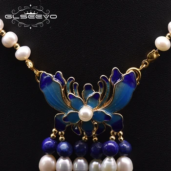 GLSEEVO Naturale de Apă dulce Pearl Ciucure Cravată Colier Pentru Femei Nuntă Cloisonne Fluture Etnice Colier Bijuterii GN0228