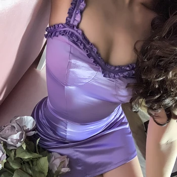 2019 Ins Stil Purple Satin Stretch Slim Spaghete Curea Volane Mini Rochie Sexy
