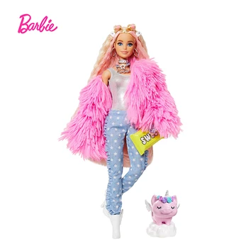 Barbie Suplimentar Papusa Roz Pufos Blana Ondulată de Păr și Unicorn ca animal de Companie un Porc-cu Gummy Bear Inel Accesorii de Jucarie pentru Copii GRN28