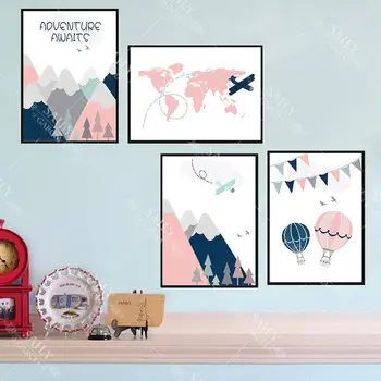 Desene Animate Roz Albastru Balon Cu Aer Cald De Perete De Arta Canvas Poster Pictura Pepinieră Postere Si Printuri Babi Nordic Poster Copil De Cameră Decor