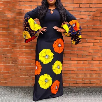 Toamna Rochie Negru cu Print Floral Flare Maneci Lungi Rotunde Gât Casual din Africa de Iarna Plus Dimensiune Rochii Pentru Femei 4xl 5xl 6xl Maxi