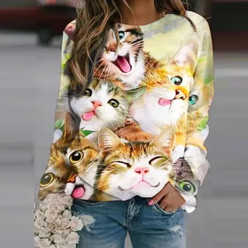 Tricou Pentru Femei Casual Cat Imprima O Varietate De Stiluri Termică Maneca Lunga T-shirt Vrac Plus Dimensiune Hoodie Camiseta Mujer