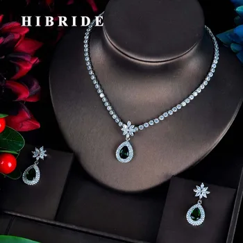 HIBRIDE de Lux Verde CZ Seturi de Bijuterii Pentru Femei Picătură de Apă Colier Cercei Set Bijoux bijoux mariage Cadouri de Nunta N-594