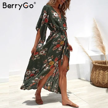 BerryGo Boho print floral pentru femei rochie lunga rochii de Vara asimetrice maneca eșarfe split rochii de șifon plajă feminin vestidos