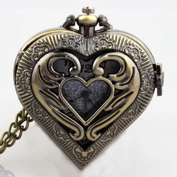 Retro Bronz Gol În Formă De Inimă Neagră De Argint Vintage Ceas De Buzunar Colier Pandantiv De Metal Cuarț Circulație Femei Bărbați Ceas Cadouri
