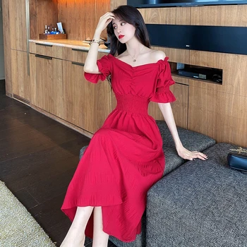 Timp Maxi Rochie-o bucată Doamnelor Coreea de Vara de Pe umăr Maneca Scurta Lenjerie Sexy Rochii pentru femei de Îmbrăcăminte
