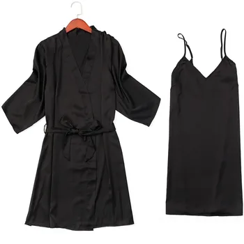 2 BUC Set pentru Dormit Satin cămășuță de Noapte&Roba Costum, Cămașă de noapte Sexy Femei Kimono-Halat de baie Rochie de Lenjerie Intima Matasoasa Haine de Acasă îmbrăcăminte de noapte