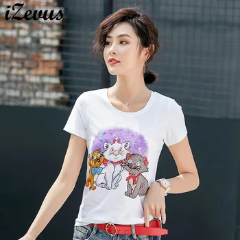IZEVUS 2020 vara noi trei pisici margele personalizate subțire O-gat femei pe scurt cu mâneci tricou tendință tricou