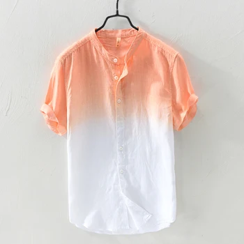 Noi Italia stil cu mânecă scurtă brand de lenjerie camasi barbati degrade portocaliu de moda casual shirt mens respirabil cămașă de sex masculin overhemd