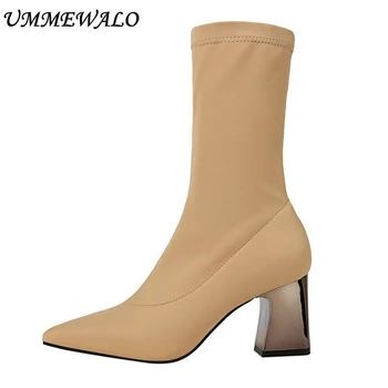 UMMEWALO a Subliniat Toe Stretch Lycra Șosete Cizme de Moda pentru Femei Pantofi cu Toc Înalt Elastic Glezna Cizme de Iarna Doamnelor Pantofi