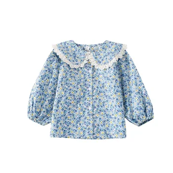 Retro bubble sleeve papusa Rever fată mică de top florale de toamna-coreean tricou cu maneci lungi