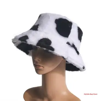 Femei Iarna Cald Pufos De Plus Pălărie Găleată De Lapte De Vacă De Imprimare Panama Pescar Capac