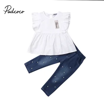 Copilul Fetele de Sus de Bumbac T-shirt Denim perla Pantaloni Lungi Haine pentru Copii Haine Copilul Copilul de Îmbrăcăminte set 2-7T