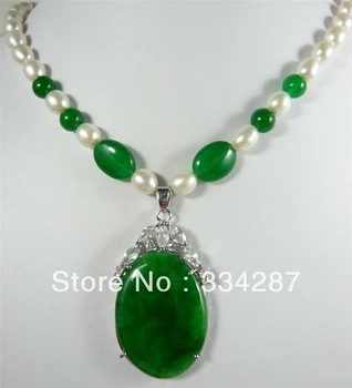 Design Alb 7-8 Reale Pearl oval Mare Verde jad-ul pandantiv femei Bijuterii Colier 18inches