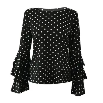 NE Depozit Femei Blusas Alb Polka Dot Imprimare Flare Maneca Topuri si Bluze O Gatului Maneca Lunga Plus Dimensiune Șifon Negru Bluza