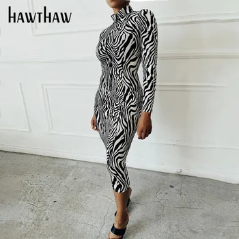 Hawthaw Moda De Toamna Cu Maneci Lungi Streetwear Fermoar Zebra Cu Dungi Imprimate Slab Creion Bodycon Rochie 2021 Haine De Toamna