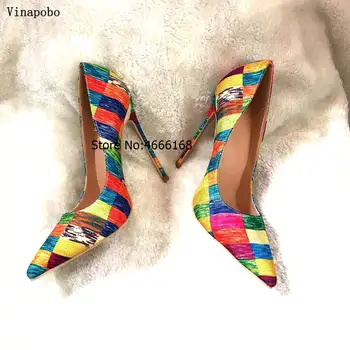 Vinapobo 12/10/8 CM Toc Curcubeu Colorat Imprimat Subliniat Toe Stilet Toc Înalt 2019 Femeie Mireasa pantofi de sex Feminin Pompe