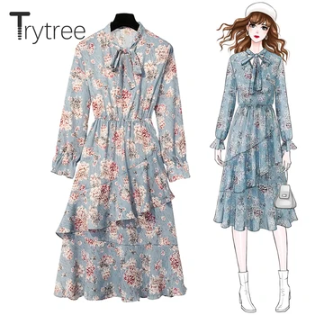 Trytree 2020 Toamna Femei Casual Papion Guler Flare Sleeve Print Moda O linie de Volane de la Jumătatea Vițel Liber 2 Culoare Office Lady Dress