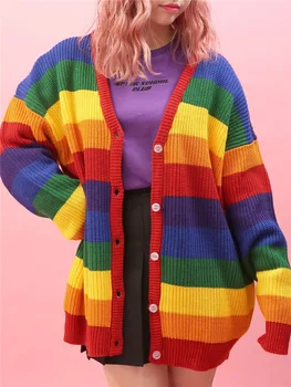 Fete stil Lolita toamna pulovere cardigan lung curcubeu colorate singur pieptul liber casual dulce strat tricotate pentru femei doamne