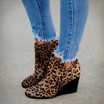A Subliniat Toe Papuceii De Iarna Femei Leopard Glezna Cizme Dantela-Up Încălțăminte Platforma Tocuri Inalte Pantofi Pene Femeie Bota Feminina
