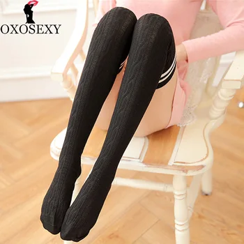 7 culoare Negru cu Dungi albe Tricotate de Bumbac student ciorapi Femei Înalte Peste Genunchi Coapsa Inalta ciorapi lenjerie sexy 044