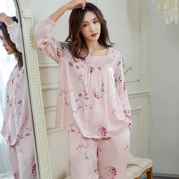 Țesute Din Bumbac Pur De Somn Lounge Pijama Cu Maneca Lunga Top + Pantaloni Lungi Femei Set Pijama Floral Pijamale Plus Dimensiune Sleepwear Pentru Femei