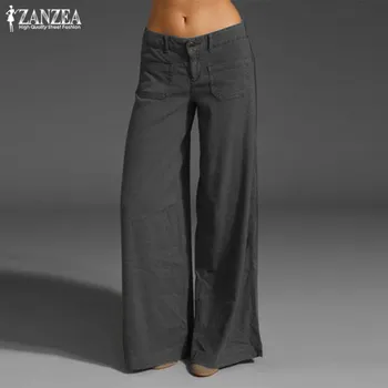 2021 ZANZEA de Epocă Elegant Largi Picior Pantaloni Femei Pantaloni de Vara Butonul Fermoar Fata Nap Cauzalitate Nap Plus Dimensiune Pantalon 7