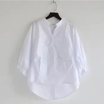 Vara moda coreeană femei alb V-neck cămașă plus dimensiune mâneci evazate vrac spate split bluza buton de cămașă topuri pentru femei