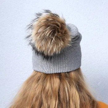 Geebro pentru Femei Brand Pompom Beanie Pălărie de Iarnă Casual Cald Căciuli tricotate Pălărie Pentru Fete Blana naturala Pompoane Beanie Caciula de Blana de Raton