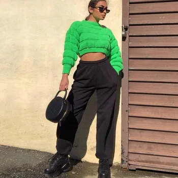 BKLD 2019 Toamna Streetwear Verde Neon cu Maneci Lungi Pulover Crop Topuri Femei de Tricotat Pulover Solid O-Gât Pulover Pulover Vrac