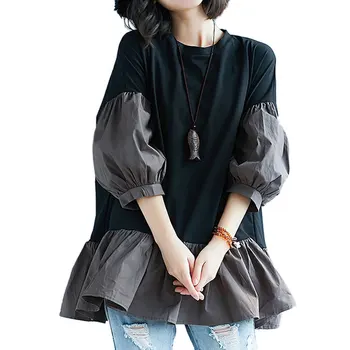 Moda pentru Femei Topuri si Bluze de Vara Primăvara anului 2019 Liber Casual Lantern Maneca Mozaic din Bumbac Tricou Supradimensionat Zburli Top Lung
